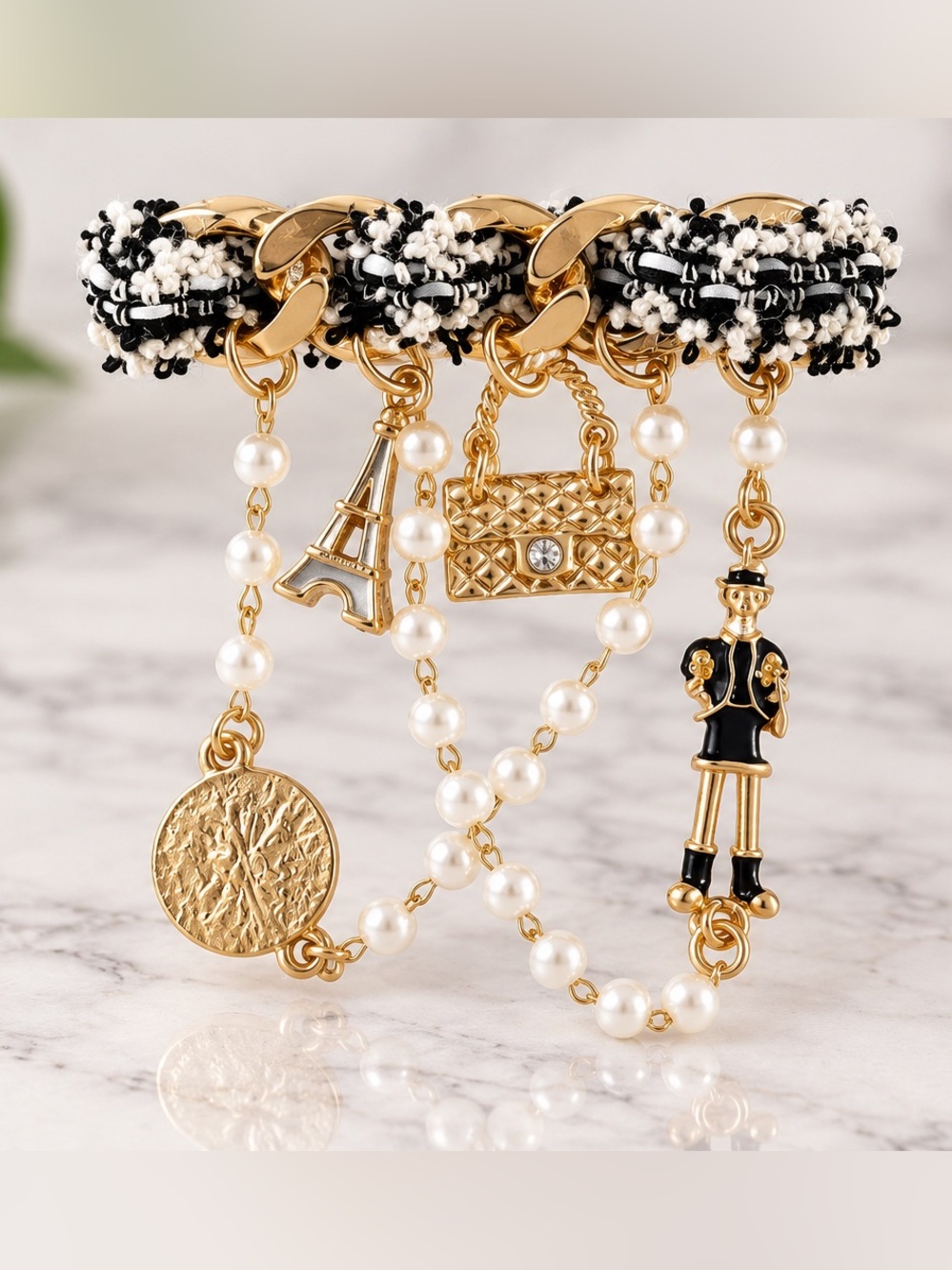 Gold-Tone Black & White Braided Pearl Brooch